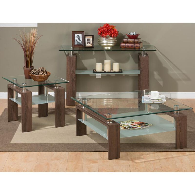 Jofran Compass Clear Modern Glass Sofa Table, Brown Wood and Glass