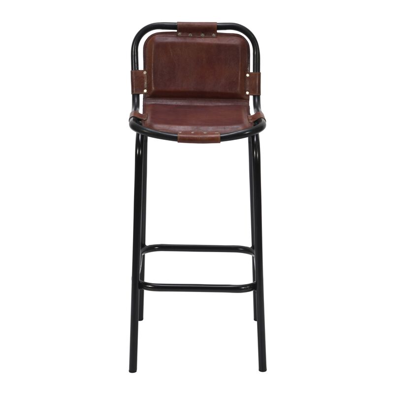 31 Inch Bar Height Chair, Brown Genuine Leather Upholstery, Black Iron Metal Frame-Benzara