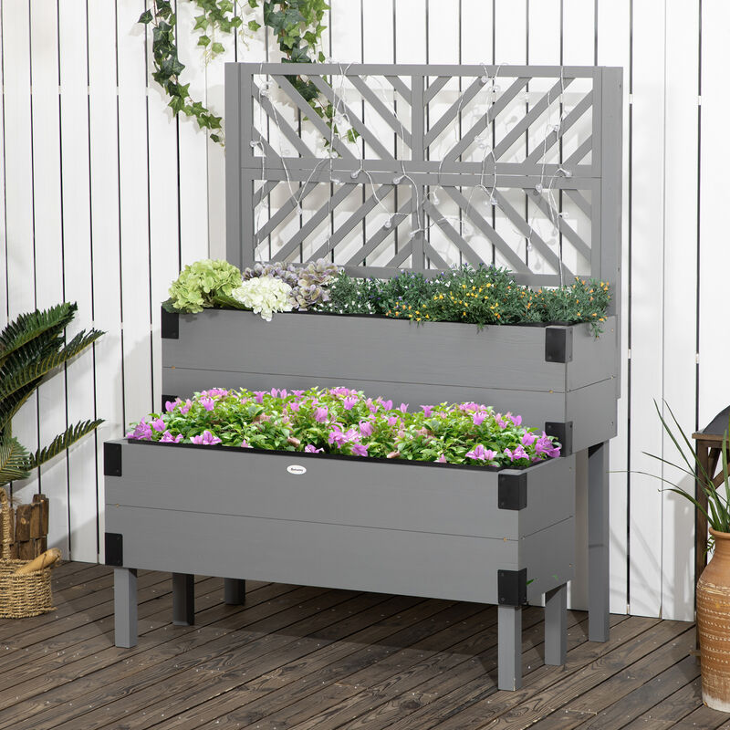 Outsunny Raised Garden Bed with Trellis, 2 Tier Wooden Elevated Planter Box with Legs and Metal Corners, for Vegetables, Flowers, Herbs, Gray