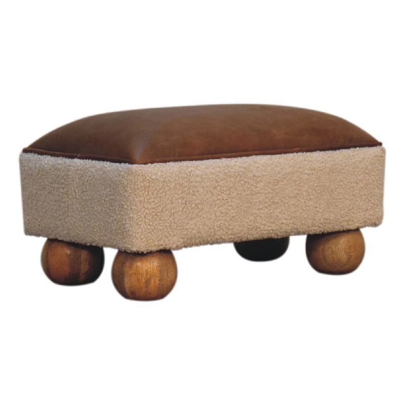 Tan Buffalo Leather Boucle Footstool with Ball Feet
