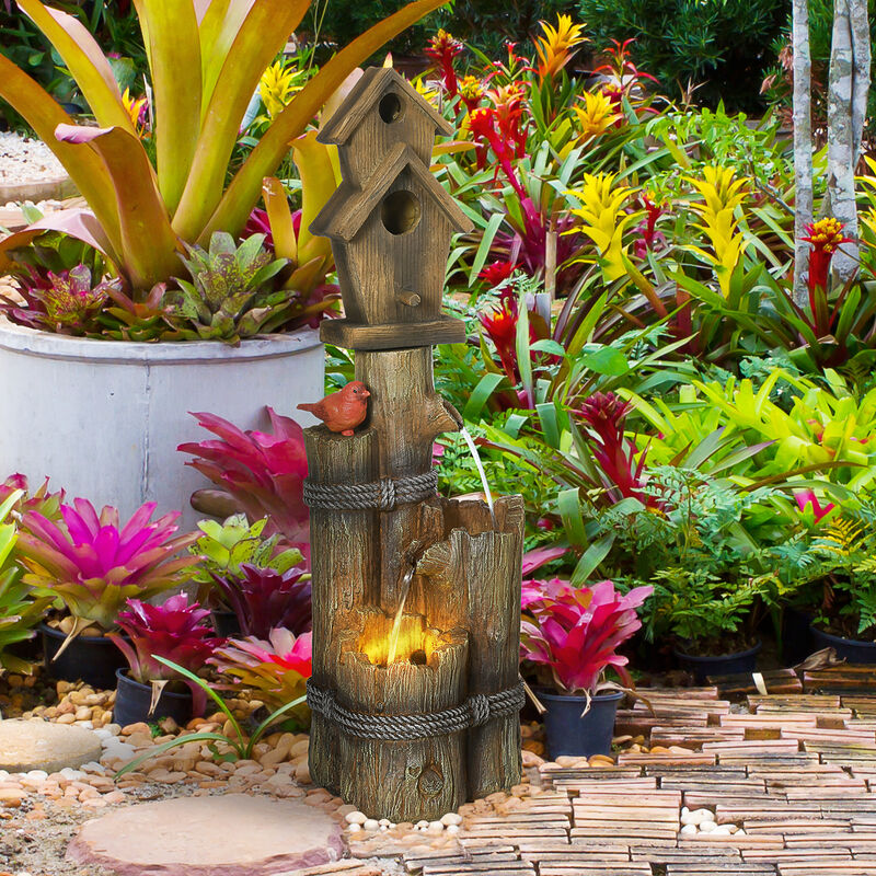 Outsunny Outdoor Fountain with Birdhouse, Cascading Garden Waterfall Bird Bath with 3-Tier Rustic Tree Trunk / Log Design, LED Lights for Porch, Deck, Yard Decor, Brown