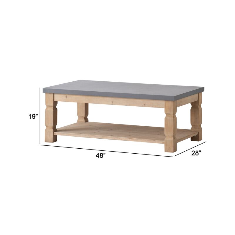 48 Inch Coffee Table, Rectangular, Concrete Top, Wood Frame, Rustic, Gray-Benzara image number 5