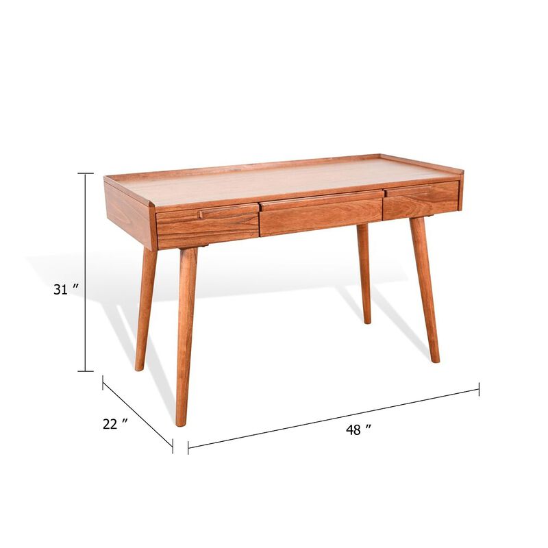 Amy Writing Desk, 48 Inch Rectangular Tabletop, 3 Drawers, Brown Solid Wood image number 4
