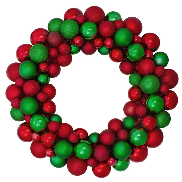 Red and Green 3-Finish Shatterproof Ball Christmas Wreath - 24-Inch  Unlit