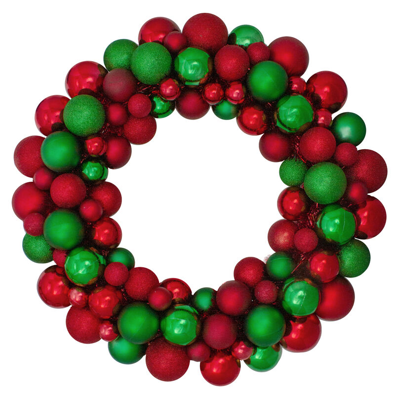 Red and Green 3-Finish Shatterproof Ball Christmas Wreath - 24-Inch  Unlit image number 0