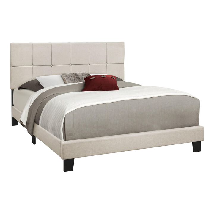 Monarch Specialties I 5605Q Bed, Queen Size, Platform, Bedroom, Frame, Upholstered, Linen Look, Wood Legs, Beige, Black, Transitional