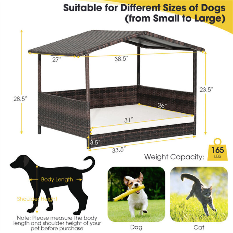 Weather-Resistant Outdoor Dog House with Canopy and Cushioned Rattan Bed