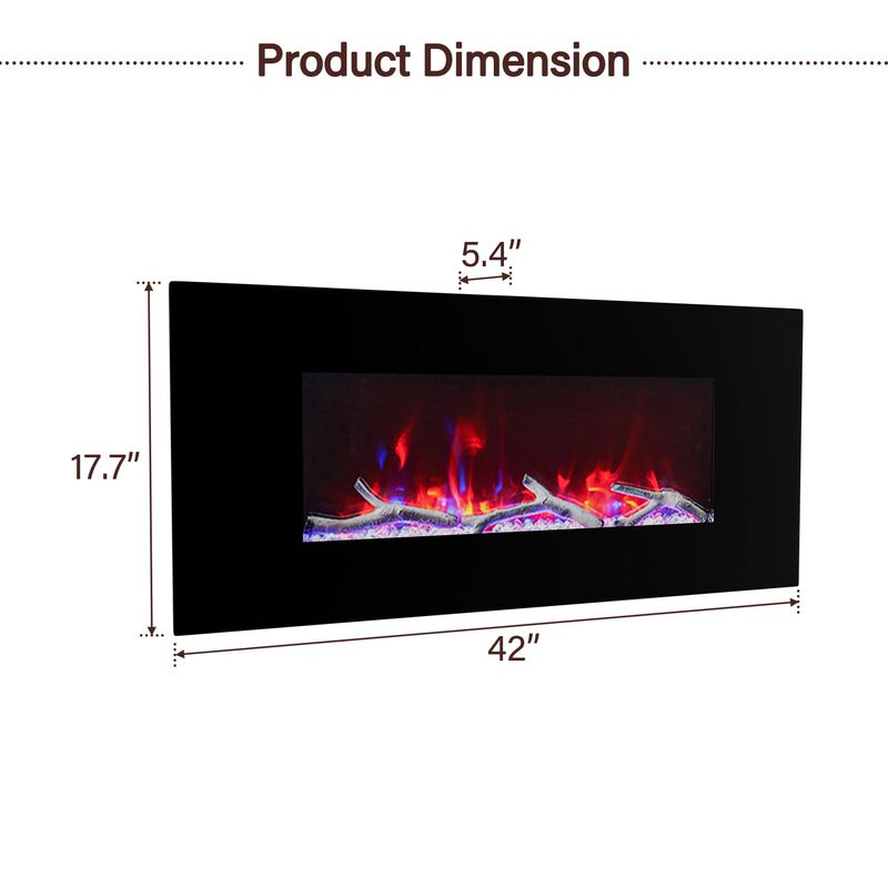 42 Inch 1500W Wall-Mount Fireplace with Multicolor Flame
