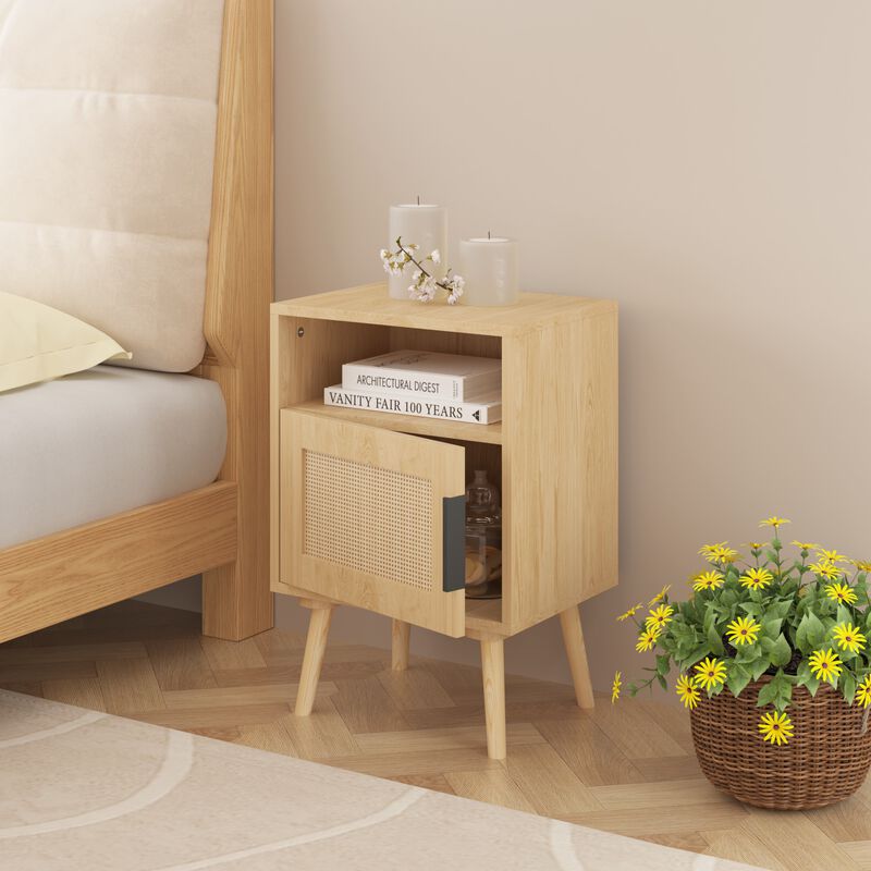 22.83" Assembled Rattan Nightstand with Door Open Shelf Solid Wood Legs image number 4