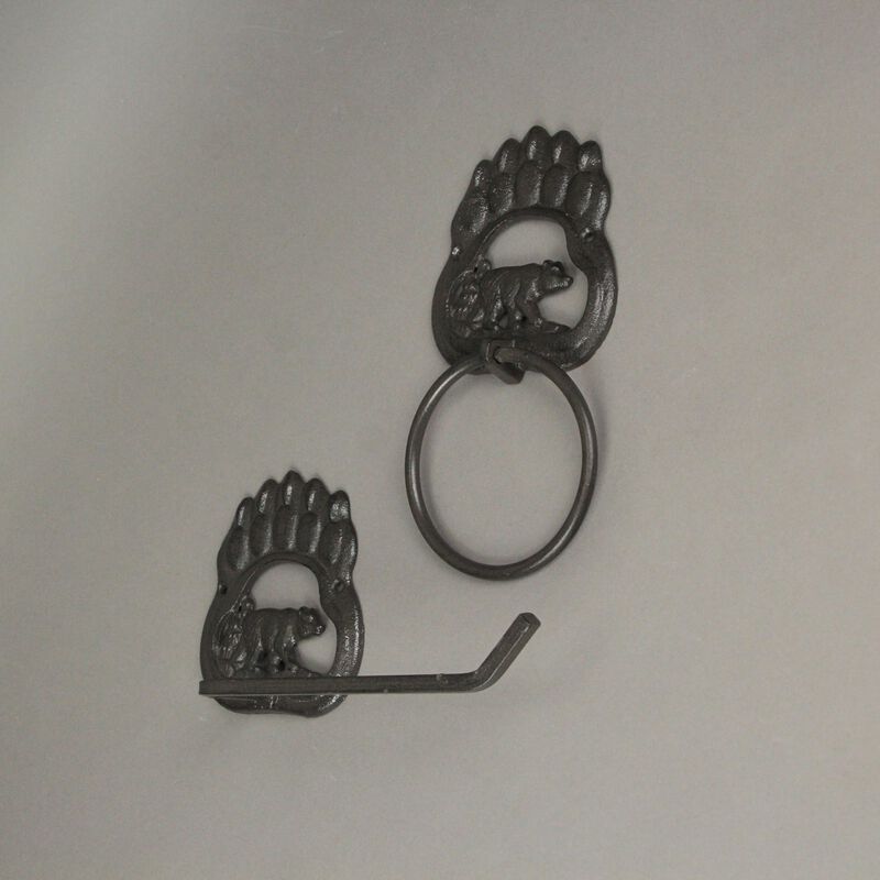 Rustic Cast Iron Black Bear Paw Towel Ring and Holder Set image number 4