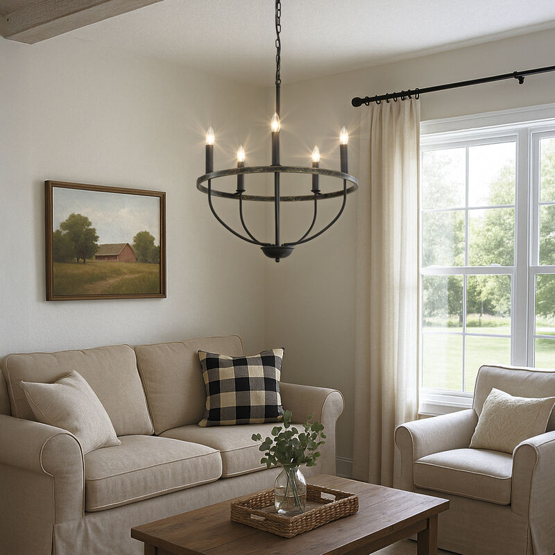 26'' 5-Light Modern Matt Black Classic Candelabra Chandelier Industrial Candle Pendant Light For Living Room Dining Room And Entryway image number 2