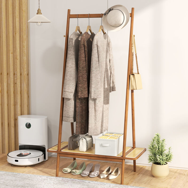 Wicker Storage Rack with Hanging Rod, Rattan Shelf, and Copper Hook Details