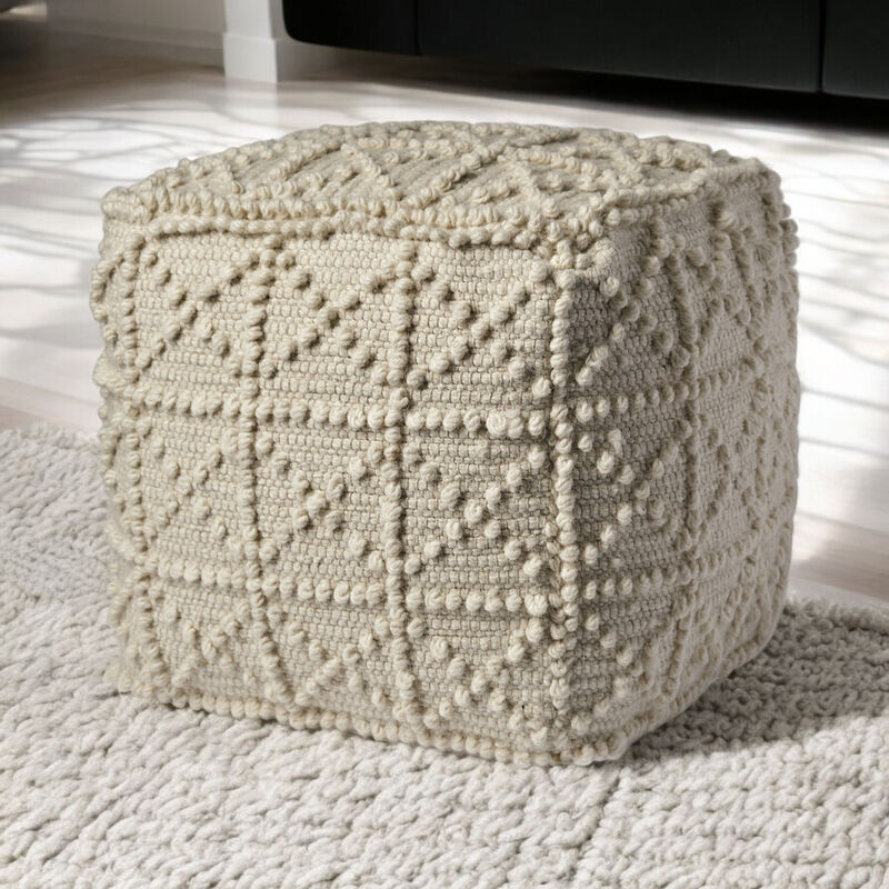 Textured Wool Pouf Ottoman – Square Shape with Popcorn Detail