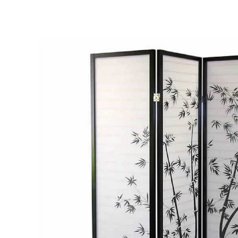 Wood and Paper 4 Panel Room Divider with Bamboo Print, White and Black image number 2