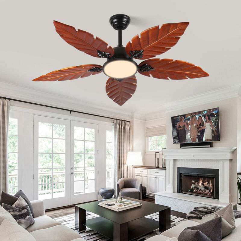 ELEMENT ACE 52 Inch Tropical Palm Leaf Ceiling Fan with Light, Indoor Outdoor Reversible Ceiling Fan for Patio Living Room, Hand Carved Solid Wood Blades image number 1