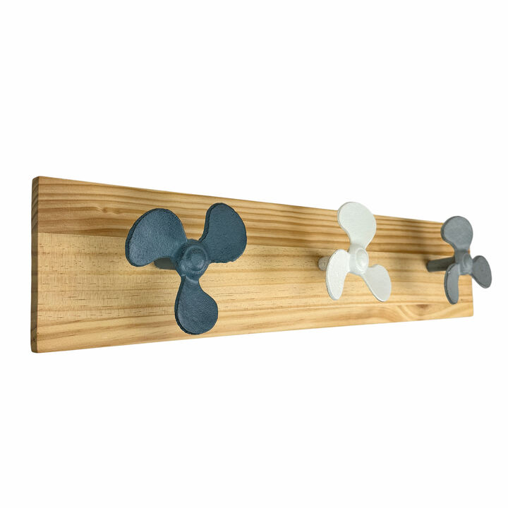 Zeckos 24 Inch Boat Propeller Wall Hooks Rack on Natural Wood Board, Nautical Multicolor Metal and Wood Wall Mounted Coat and Towel Hook Rail for Entryway, Bathroom, Coastal Spaces
