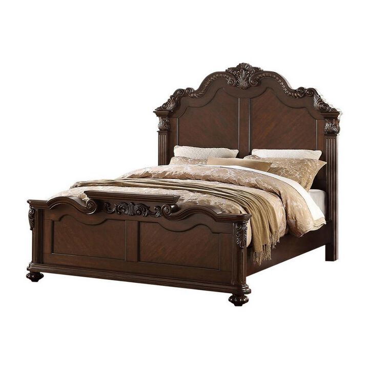 Splendidly Carved E.King Wooden Bed, Dark Walnut And Veneer Finish - Benzara