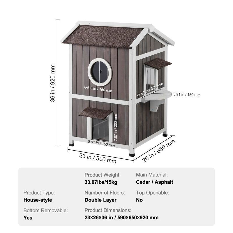 Outdoor Cat House 2-story Wooden Feral Cat Shelter with Roof & Door Flaps