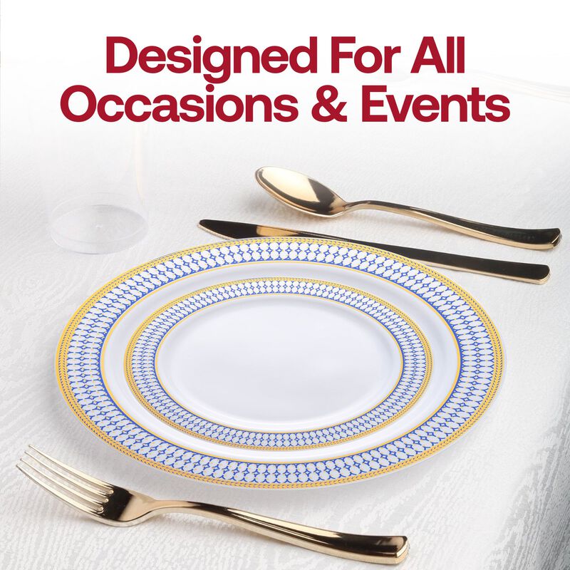 White with Blue and Gold Chord Rim Plastic Dinnerware Value Set (40 Sets) image number 7