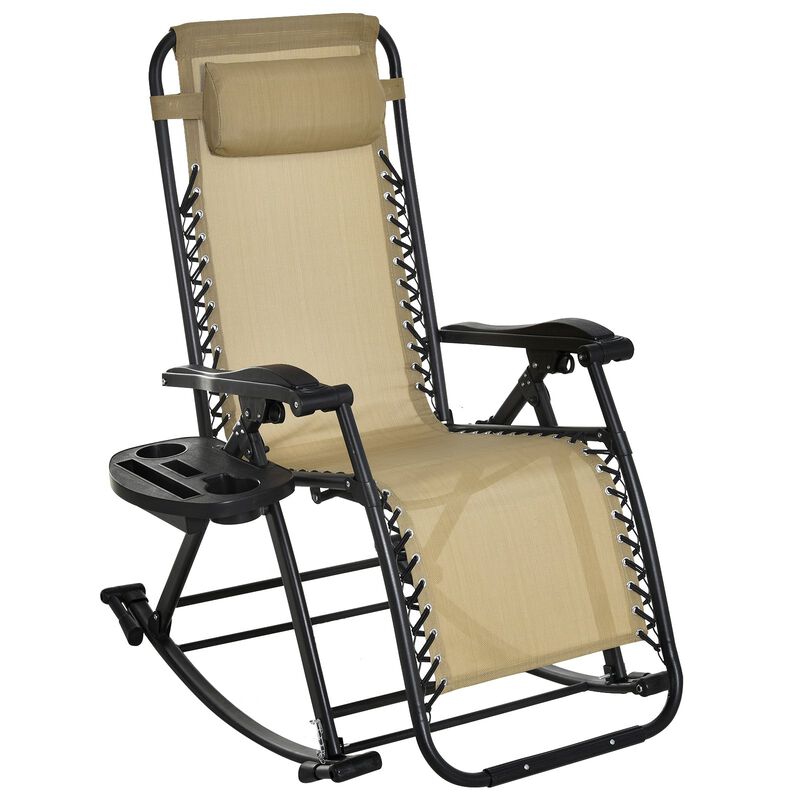Outdoor Rocking Chairs Zero Gravity Rocking Chair w/ Removable Headrest, Side Tray, Cup & Phone Holder, Beige image number 1