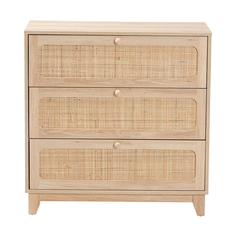 Baxton Studio Elsbeth Japandi Oak Finished Wood and Natural Rattan 3 Drawer Storage Cabinet image number 3