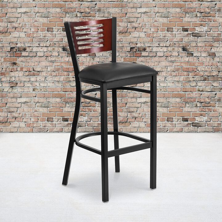 Flash Furniture HERCULES Series Black Slat Back Metal Restaurant Barstool - Mahogany Wood Back, Black Vinyl Seat