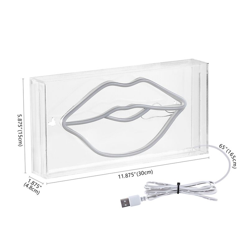 Lips 11.88" X 5.88" Contemporary Glam Acrylic Box USB Operated LED Neon Light, Pink