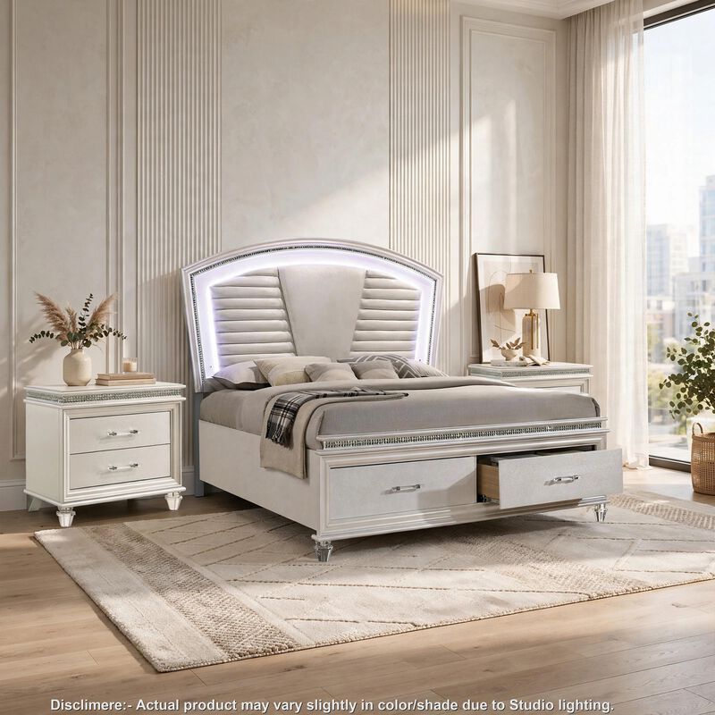 3pc King Bedroom Set, Pearl White, White, Clear, Silver Wood, 2 Nightstands image number 1
