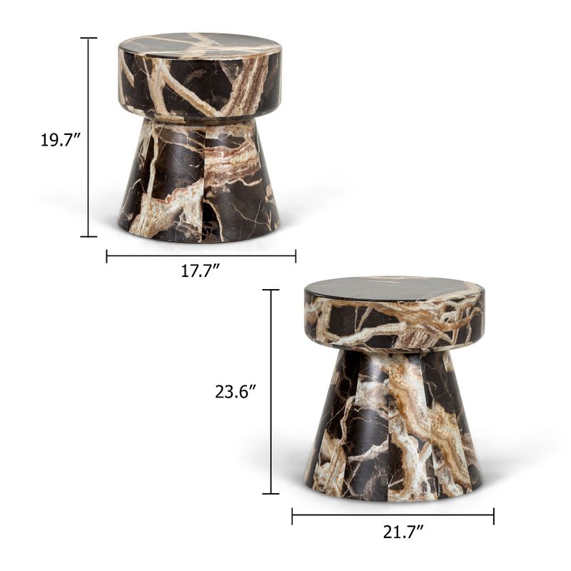 Cid Ria End Table Set of 2, Brown-White Faux Marble, Pedestal Base image number 4