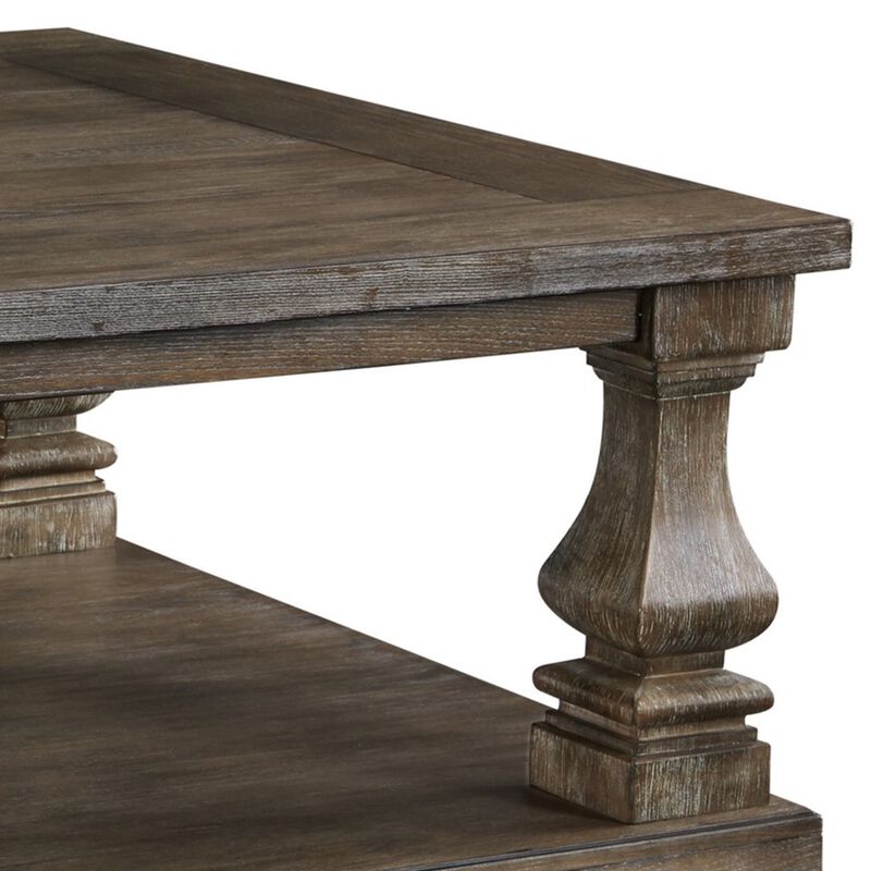 Classic 54 Inch Coffee Table, Baluster Legs, Spacious Top, Weathered Gray