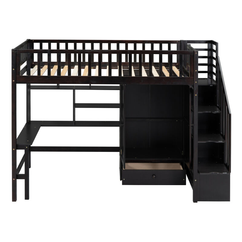 Twin size Loft Bed with Bookshelf, Drawers, Desk, and Wardrobe Espresso