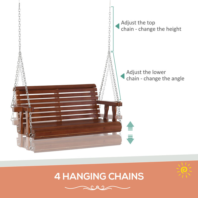 Outsunny Porch Swing with Chains and Cupholders, 2 Person Wooden Patio Swing Chair, 440 lbs. Weight Capacity, for Garden, Poolside, Backyard, Brown