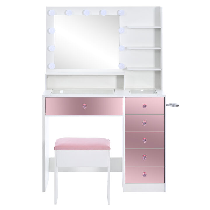 Whisen 37" Vanity Set with 11 Bulbs & 6 Drawers, Glass Top, USB Charging, MDF Dressing Table for Bedroom