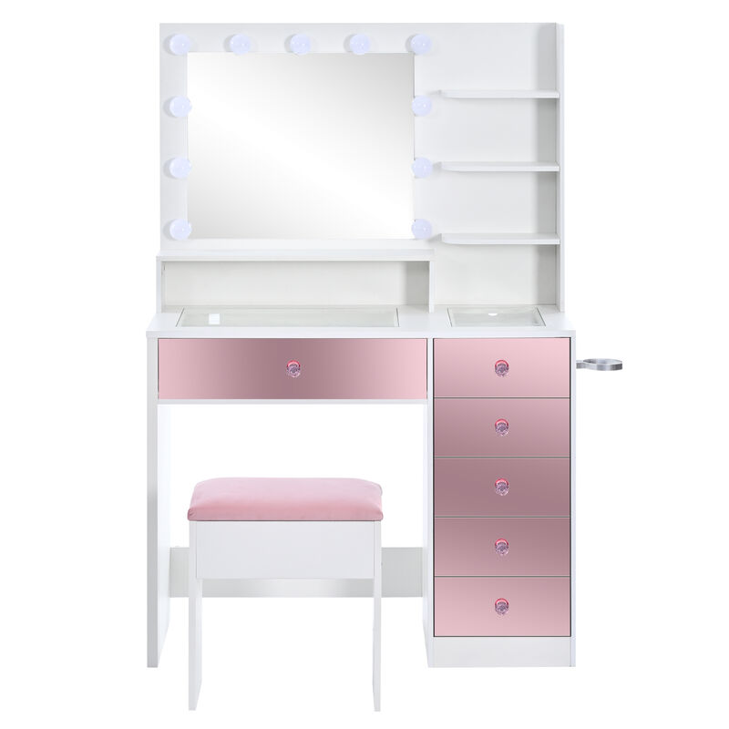 Whisen 37" Vanity Set with 11 Bulbs & 6 Drawers, Glass Top, USB Charging, MDF Dressing Table for Bedroom image number 0