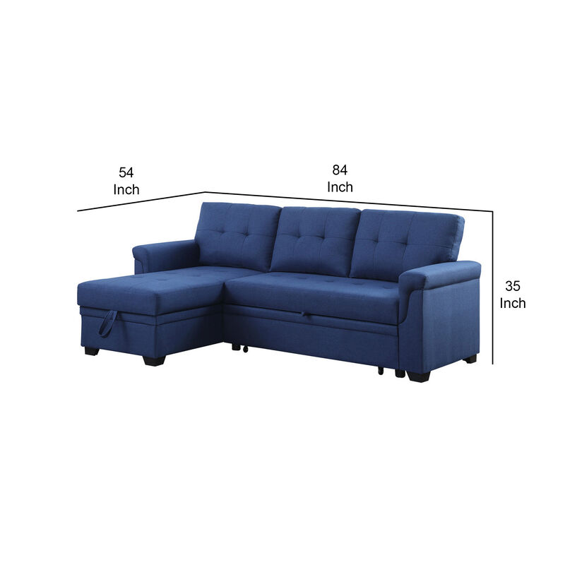 84 Inch Reversible Tufted Sectional Sleeper Sofa with Chaise Lounger, Blue - Benzara