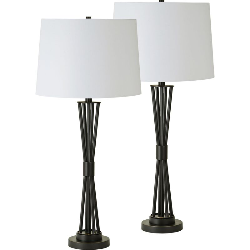 Set of 2 Black and Bronze Juxtaposition Twist Table Lamps with White Drum Shade 35.5" image number 1