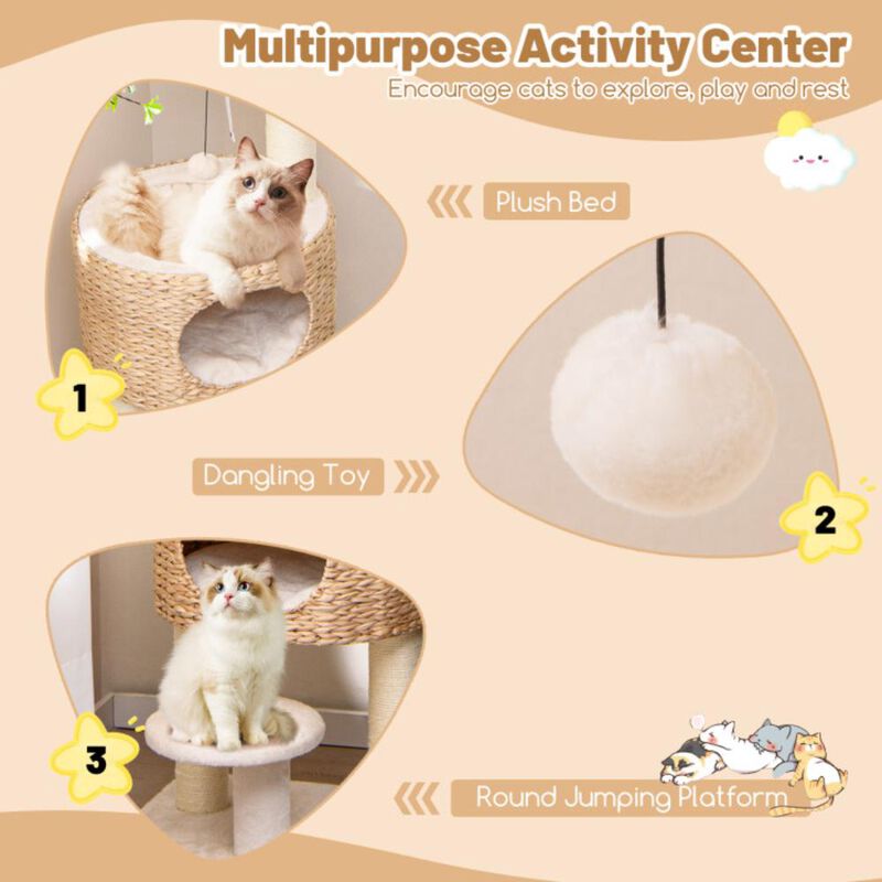 Hivvago Modern Cat Tower Cat Tree with Top Perch Cattail Fluff Condo