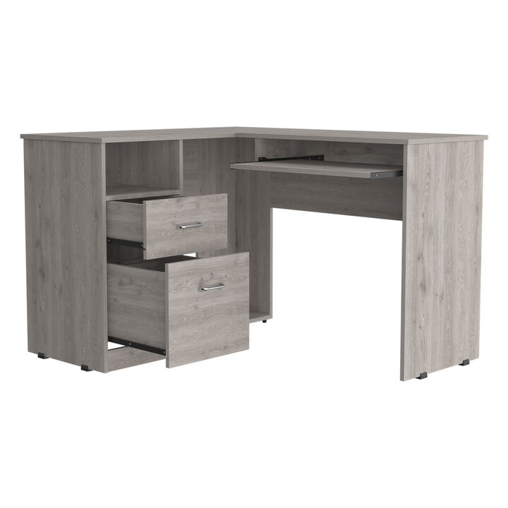 DEPOT E-SHOP Idra L-Shaped Desk, Keyboard Tray, Two Drawers, One Open Shelf, Light Gray