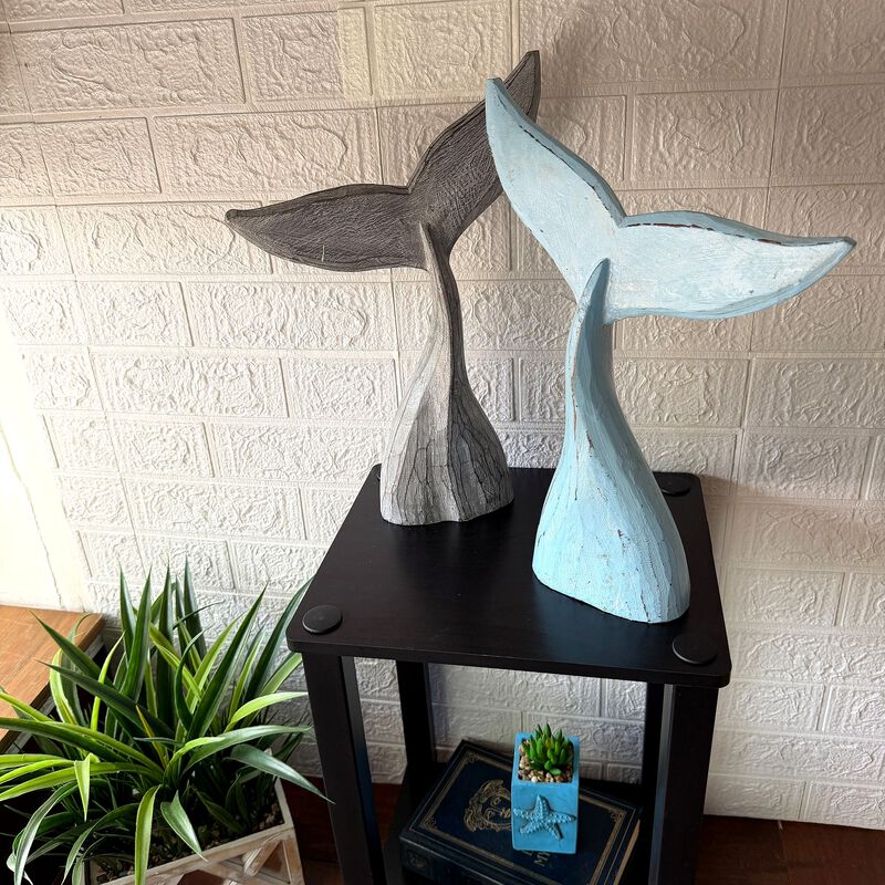 Wood Whale Tail Statues Set Of 2 Coastal Blue Gray 1575 In Decor image number 6