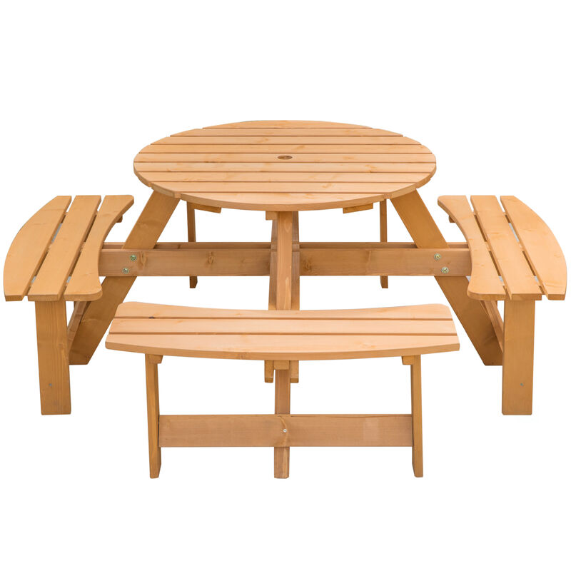 Wooden Outdoor Patio Garden Round Picnic Table with Bench, 8 Person - Stained