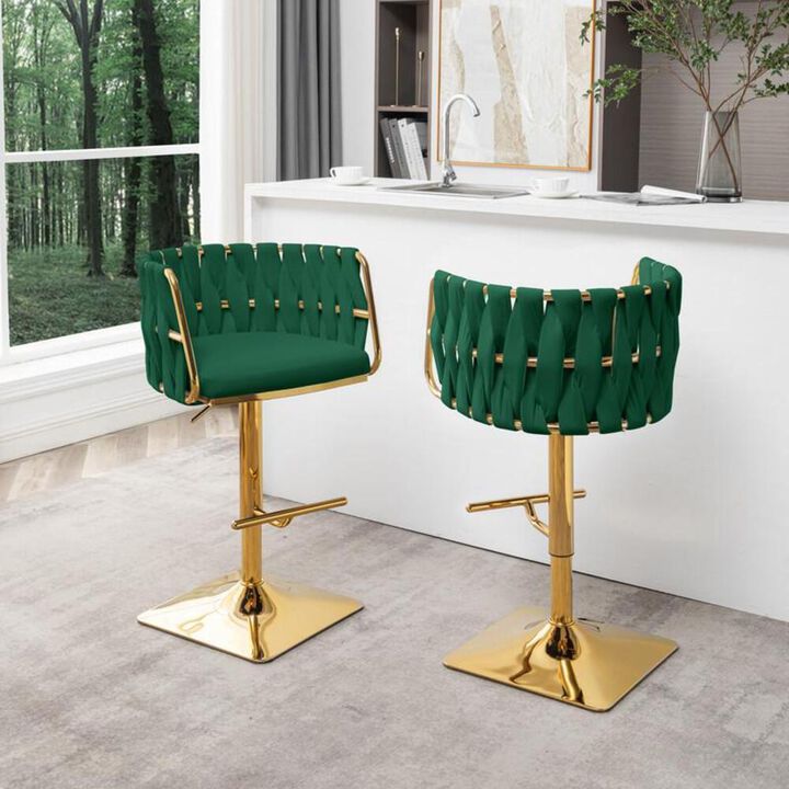 Best Quality Furniture Velvet Upholstered barstool in Emerald green and gold color base (SET OF 2)