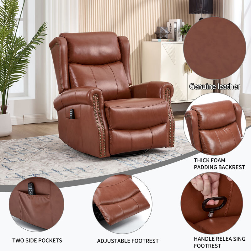 Genuine leather Heat Massage Manual Recliner Chair with Rocker and Swivel for Living Room image number 9