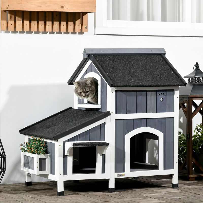 Wooden Cat Shelter: 2-Story Outdoor House with Flower Pot & Weather Resistant Roof