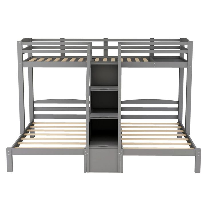 Twin over Twin & Twin Bunk Bed with Built-in Staircase and Storage Drawer, Gray