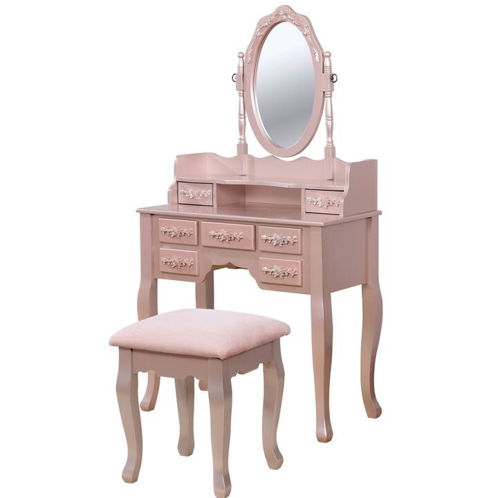 7 Drawers Wooden Frame Vanity Set with Stool and Cabriole Legs