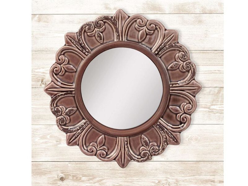 9" Warm Taupe Ceramic Wall Mirror &ndash; Round Vintage Accent for Entry
