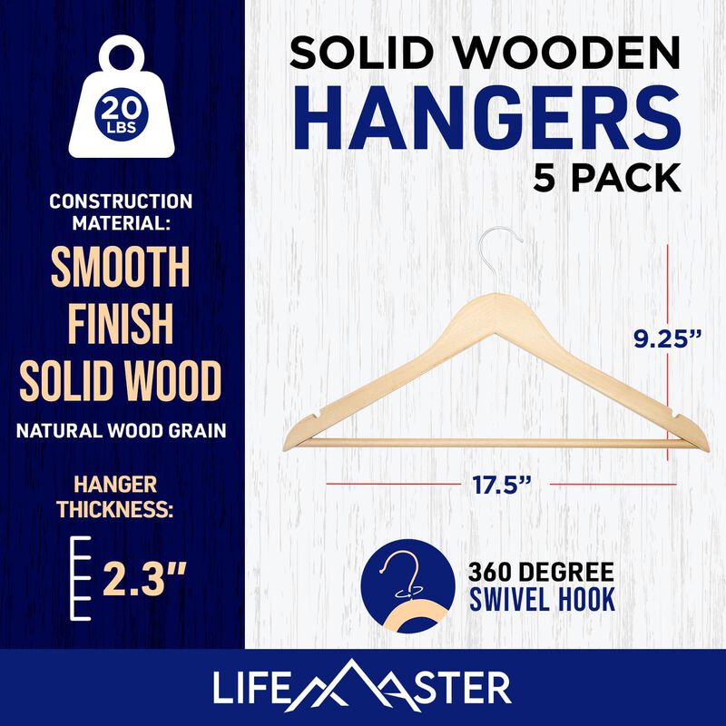 Lifemaster Wooden Clothes Hangers &ndash; With 360 Degree Swivel Hook and Non-Slip Shoulder Notch, Holds Up To 10 lbs, Pants Bar Design, Organizing Suit, Dress, Coat, and Clothes, Pack of 5, Natural Color