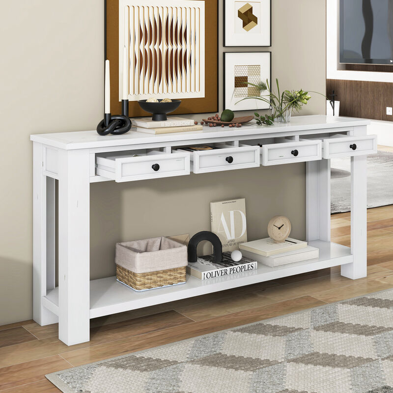 Whisen Rustic Rectangle Wood Console Table with 4-Storage Drawers and Bottom Shelf