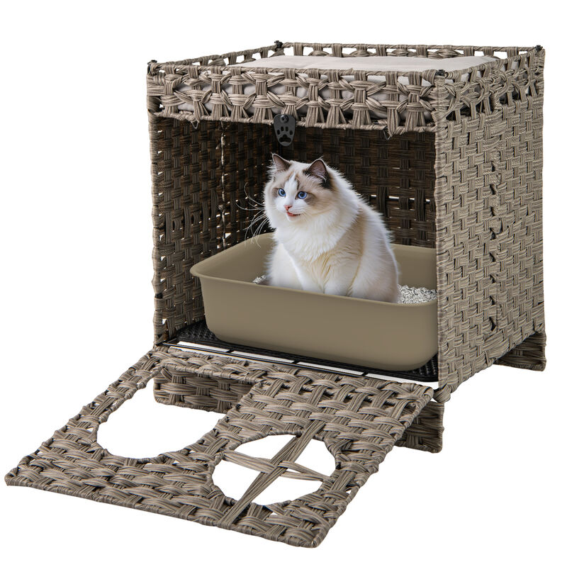 Rattan Cat Litter Box Enclosure, Foldable 2-Tier Design with Litter Mat-Grey image number 3