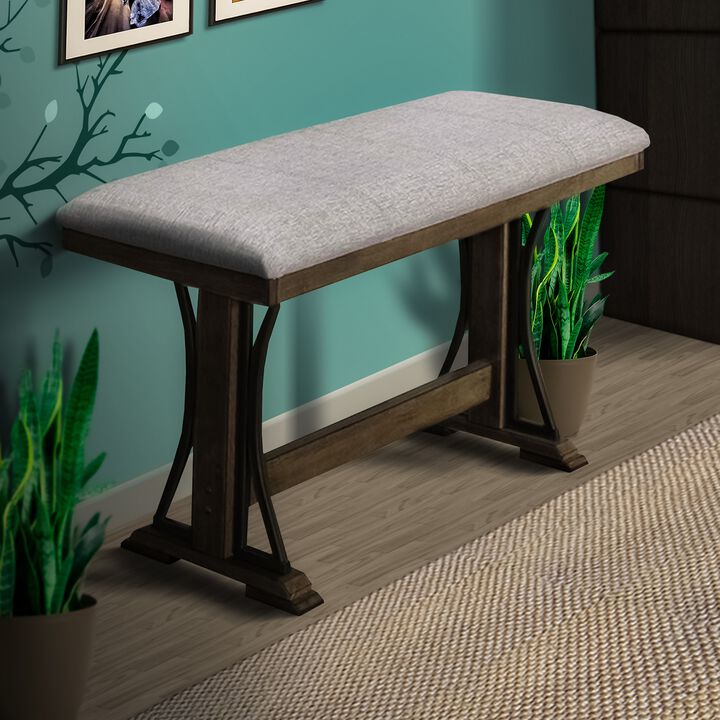 Counter Height Fabric Upholstered Bench with Trestle Base, Brown and Gray-Benzara